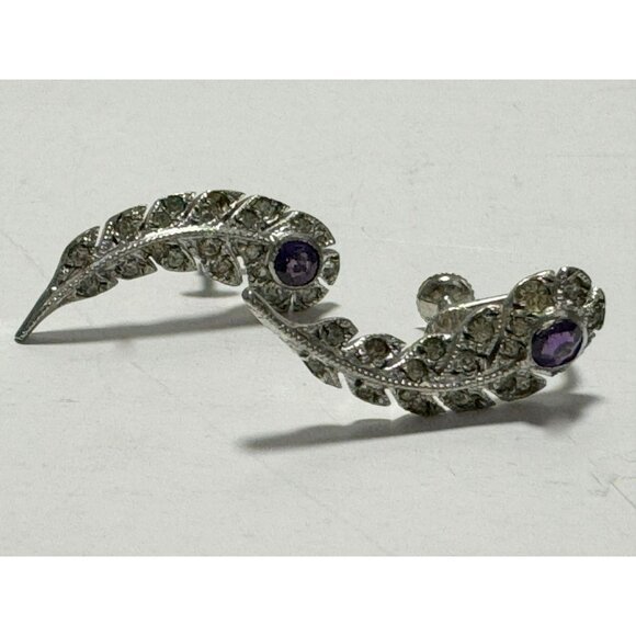 Art Decco Style Silver Marcasite Amethyst Feather Leaf Screw Back Vintage Earrin - Picture 1 of 4